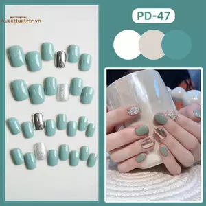 TRTR 28 Cái / hộp Móng Tay Giả Ngắn Pháp Với Thạch Keo Xanh Bạc Có Thể Đeo Móng Tay Giả Nhân Tạo Có Thể Tháo Rời Bấm Vào Móng Tay Nghệ Thuật VN