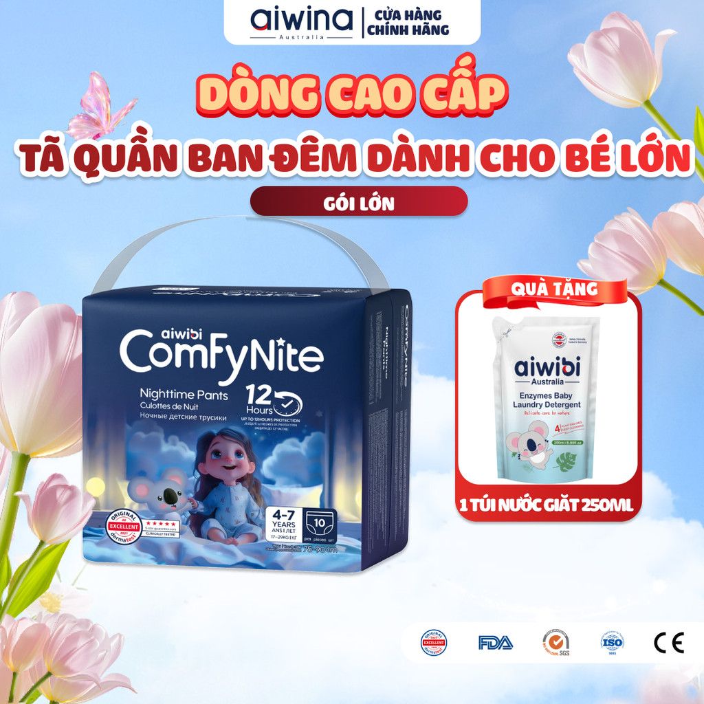 Tã/Bỉm Quần Ban Đêm Aiwibi ComFyNite Siêu Thấm Hút, Cho Bé Cân Nặng Lớn - 10 Miếng - S/M/L/XL