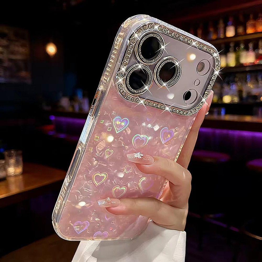 Ốp điện thoại Acrylic họa tiết vỏ Laser Love Heart cho iPhone 17 Pro Max 16 15 14 13 12 11 Vỏ bảo vệ chống sốc
