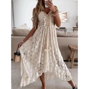 Thời Trang Mùa Hè Gợi Cảm Đi Biển Kỳ Nghỉ Dài Đầm Ren Không Tay Nữ Đầm Cổ Chữ V Rỗng Ra Thanh Lịch Rời Váy