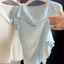 GC1 Mùa Hè Ren Splice Cổ Chữ V Đan Top Giả Hai Mảnh Slim Fit Thanh Lịch Áo Sơ Mi Tay Ngắn Cho Nữ GC1