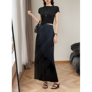 Miyake Spike Marks Lan Lanxia Đen Viền Cao Cấp Ôm Hơn Nhìn Váy Dài
