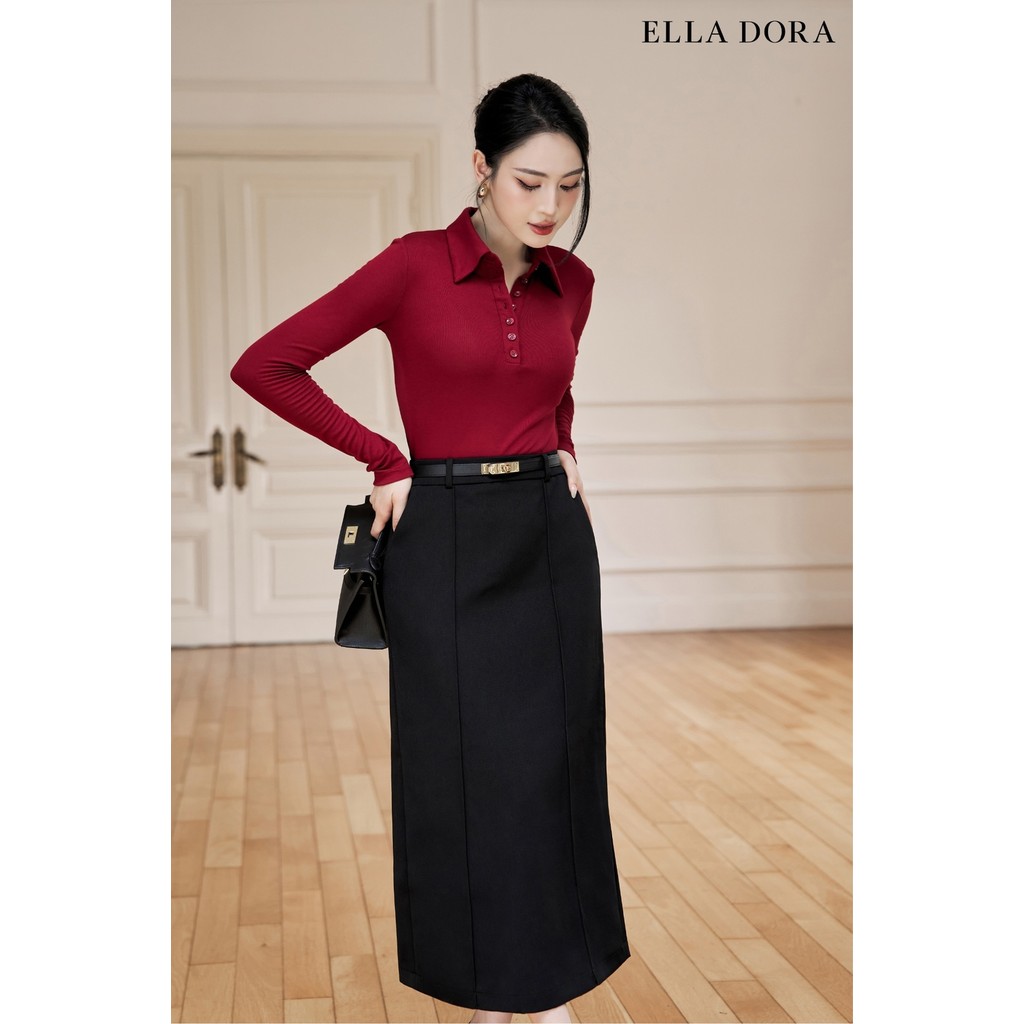 Áo thun polo ELLA DORA thiết kế tay dài cổ bẻ phối nhiều cúc form gọn thanh lịch 2 màu ĐEN/ĐỎ [AT41]
