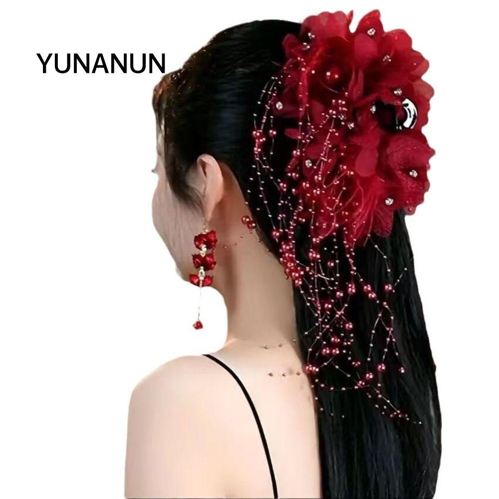 Yunaun Kẹp Nắm, Bốn Hoa Lông Vũ Hoa Ngọc Trai Móng Vuốt Tóc, Phụ Kiện Tóc Vải Tua Rua Thanh Lịch Cho Bé Gái