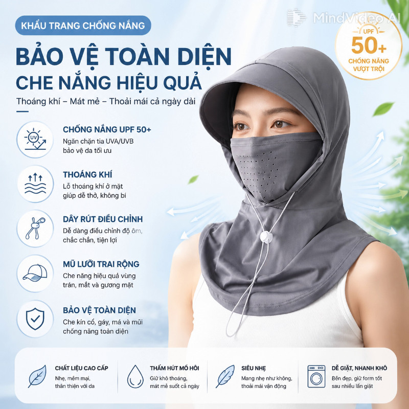 Mũ/Khẩu trang chống tia UV 3 trong 1 mùa hè, chất liệu lụa băng, kèm khăn che cổ thoáng khí