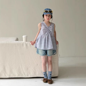 Trẻ Em Camisole Bé Gái Phiên Bản Hàn Quốc Không Tay Kẻ Sọc Ren Áo Trẻ Em Váy Rời Thường Ngày