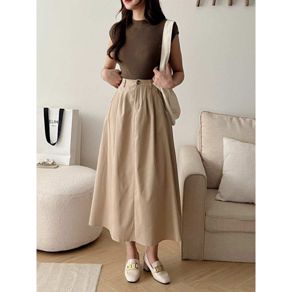 Chân Váy Xếp Ly Có BigSize Dáng Dài Lưng Thun Vải KaKi Thô Đứng Phom Mã CV0878 - SamHi Closet