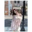 Milyfashion Loose Slimmer Look Pure Desire Pink Bowknot Cat Print Cổ áo chéo lệch vai dài-