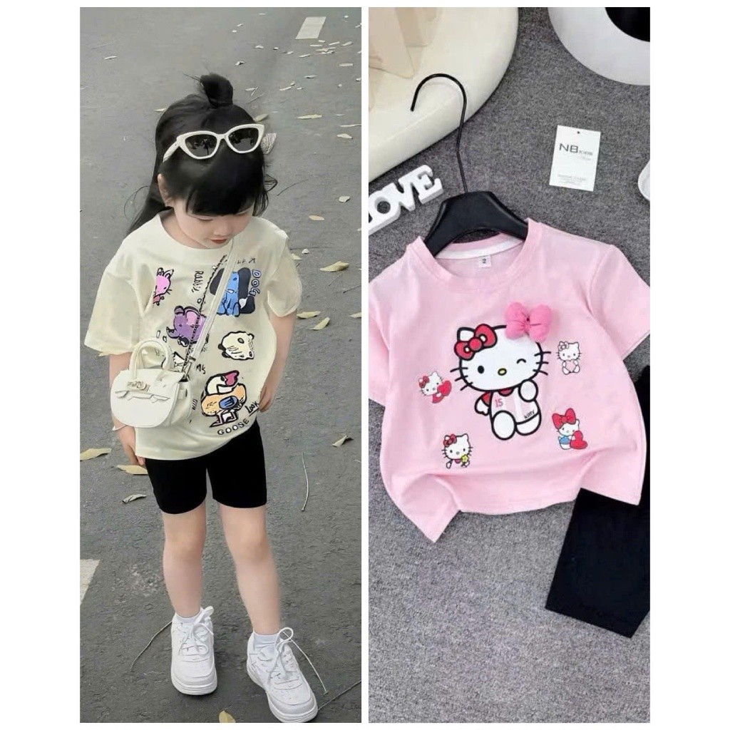 Sét Bé Gái HỌA TIẾT HÌNH THÚ MÈO HELLOKYTY K.Kid Bộ Mùa Hè Chất Cotton Mềm Mát size 8-20kg M99