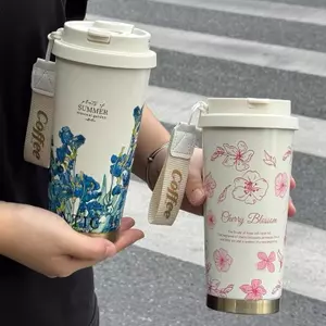 Ly Giữ Nhiệt SUMMER Coffee 500ml Inox 316 – Có Quai Xách, In Hoa Phong Cách Hàn Quốc, Giữ Nóng Lạnh