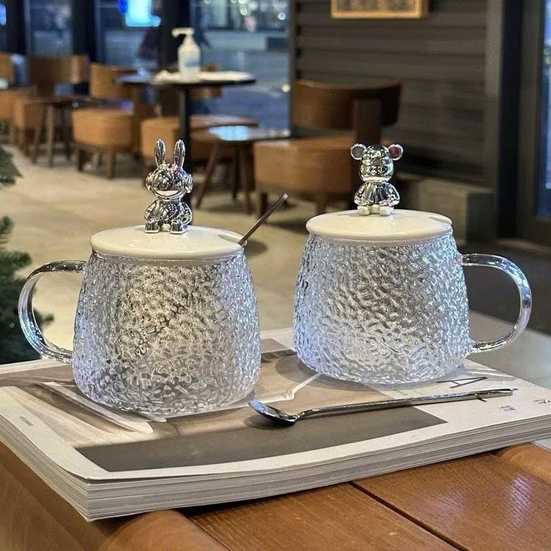 3345 Combo 2 Ly Hút Thủy Tinh 400ml Nắp Gấu Siêu Cute – Cốc Uống Cà Phê, Nước Ép Kèm Thìa, Dùng Cho Văn Phòng & Gia Đình