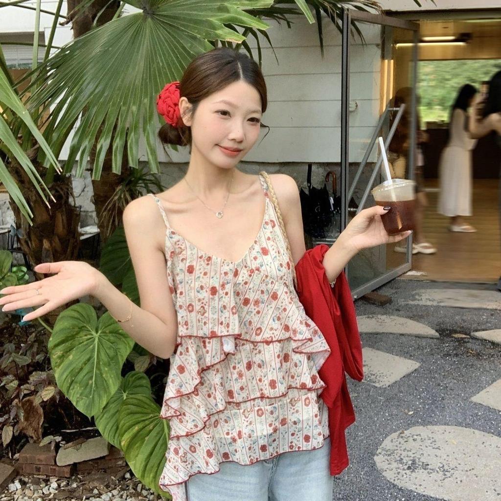 [Khuyến mãi trong thời gian có hạn] Áo không tay voan có dây đeo ngoài + Bộ đồ Cardigan màu đỏ phong cách mới Hợp thời trang