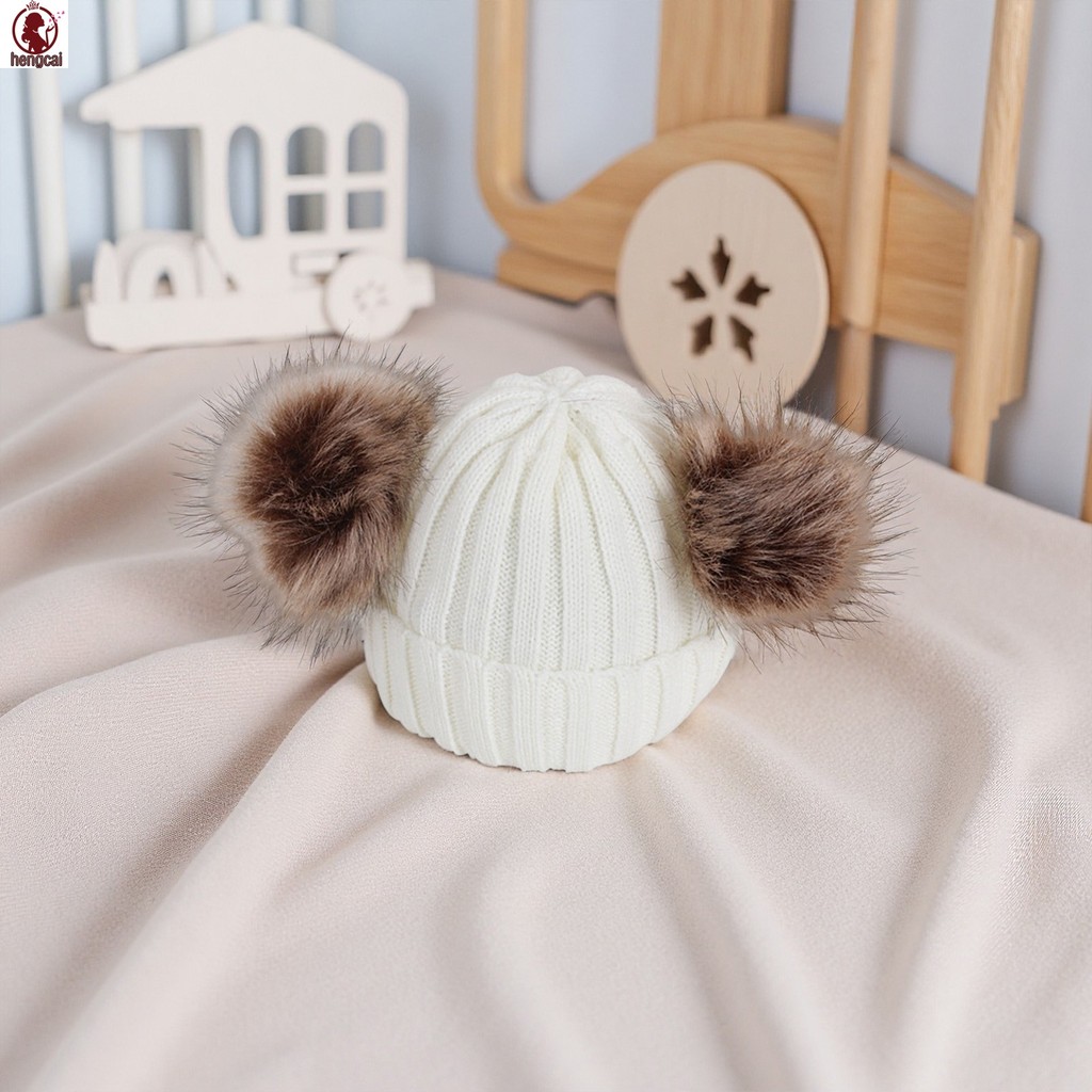 Mũ Trẻ Em Khăn Cho Trẻ Sơ Sinh 6-36 Tháng Với Lông Gấu Trúc Giả Pom Pom Thiết Kế Quả Bóng Kép Mùa Đông Ấm Áp