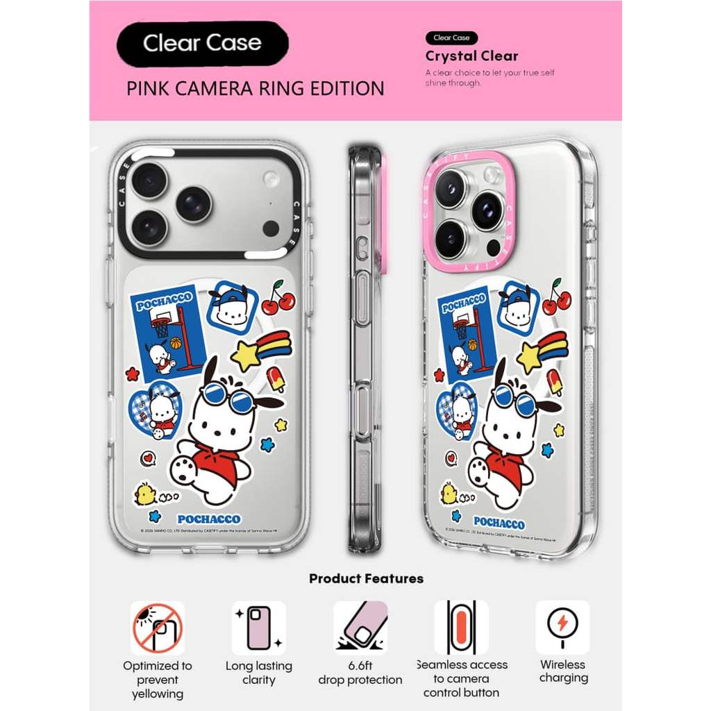 CASECASE X Pochacco Sticker Case HỒNG CAMERA RING EDITION Tác động Vỏ hút từ tính trong suốt cho iPhone 17 / 16 / 15 / 14 / 13 Pro Max Air với bao bì cao cấp