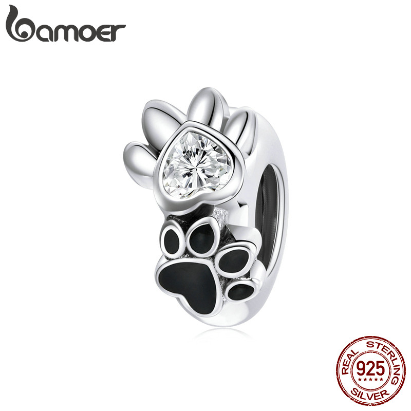 Hạt Charm Bamoer SCC1846 Bạc 925 Thật Hình Bàn Chân Thú Cưng Dùng Để Tự Làm Vòng Tay Thời Trang