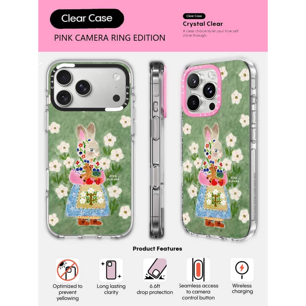 CASECASE X Rabbit Hug Case HỒNG CAMERA RING EDITION Tác động Vỏ hút từ tính trong suốt cho iPhone 17 / 16 / 15 / 14 / 13 Pro Max Air với bao bì cao cấp