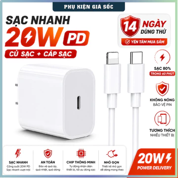 Bộ sạc nhanh 20W PD cho 5-14PRM (củ sạc + cáp sạc). Sạc 60p lên 80% Pin. Cốc sạc Type C Dây sạc 20W sạc nhanh gấp 3 lần