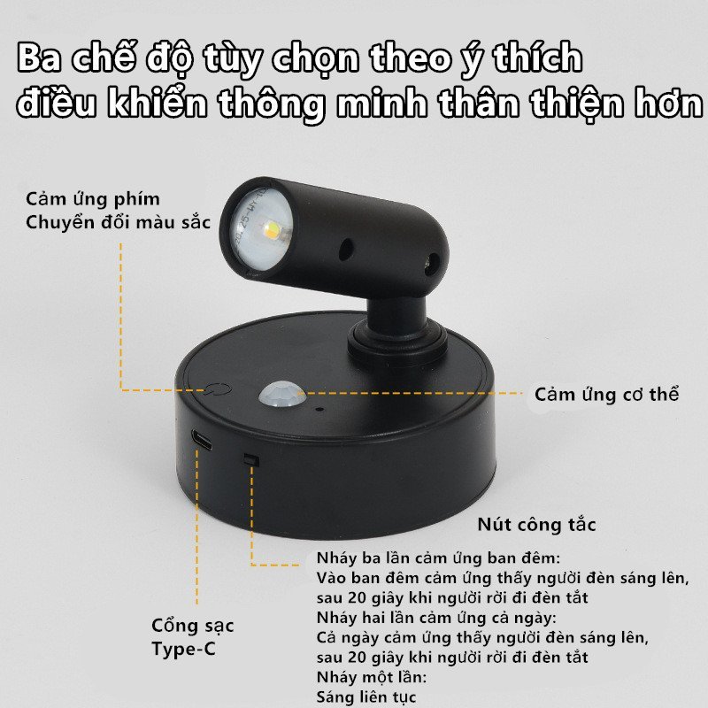 đèn đọc sách đèn tường LED, Sạc Type-C, cảm ứng hồng ngoại 3 màu sáng xoay đa góc lắp nam châm
