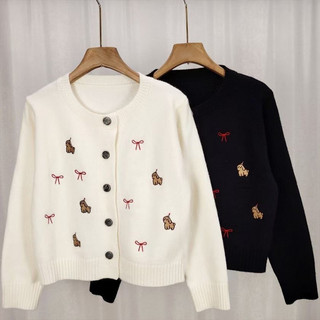 Áo khoác cardigan dệt kim thêu nơ hình cún con, kiểu dáng thời trang nhẹ nhàng, ngắn tay, đa năng dành cho nữ.