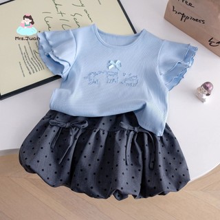 Bộ đồ bé gái hè áo xanh viền bèo phối váy chấm bi - Set chân váy bồng dễ thương phong cách Hàn