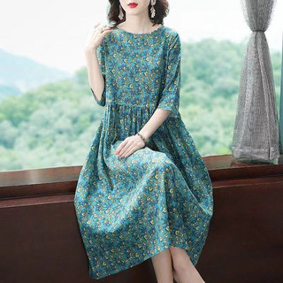 Mùa Hè 2026 Hoa Plus Size Quần Áo Nữ Kuantai Thời Trang Trung Dài Phong Cách Sang Trọng Giảm Tuổi In Hình Đầm e