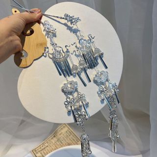 Tần Han Wei Jin Phong Cách Áp Lực Lưng Mũ Đội Đầu Chiến Quốc Áo choàng Phong Cách Cổ Đại Phụ Kiện Tóc Bạc Dài Tua Rua Bước Lắc Kẹp Tóc Hanfu Tất Cả Trận Đấu Phụ Kiện Hiệu Suất Tặng Ảnh Quà Tặng