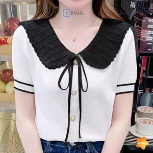 Mùa Hè - Áo sơ mi nữ dệt kim thắt nơ cổ búp bê tay ngắn