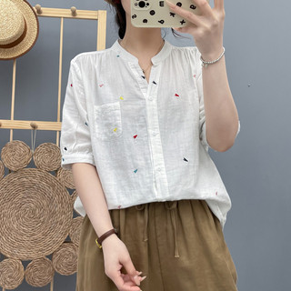 Áo sơ mi nữ cotton cao cấp mùa hè, thiết kế cổ chữ V thêu và tay ngắn
