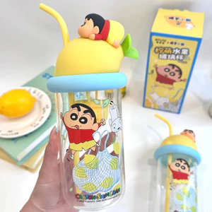 Spike Price [Chính hãng] Lemon Crayon Shin-Chan Glass Water Cup Crayon Shin-Chan Straw Cup Phim hoạt hình Cốc nước sinh viên dễ thương Quà tặng ngoại vi Anime