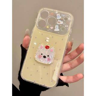 Bảo Vệ Toàn Diện Ống Kính Hoạt Hình Dễ Thương 3D Chó Con Trắng Màu Vàng Sóng Điểm Ốp Lưng Điện Thoại iPhone 17Promax 17Pro 15 16 Promax Chống Sốc Nữ Vỏ Di Động
