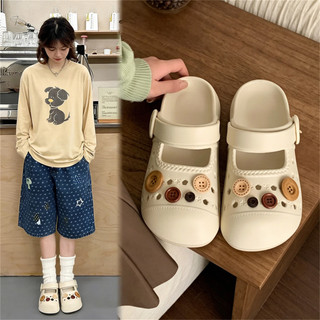 XIXITIAO Dép Nữ Retro Nút Mary Jane Mùa Hè Đi Biển Kỳ Nghỉ Bãi Biển