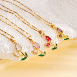 Phiên bản Hàn Quốc Đồng dát Zircon Mạ điện Mặt dây chuyền hoa Tulip thật Ánh sáng thời trang Vòng cổ sang trọng Dây chuyền xương đòn nữ