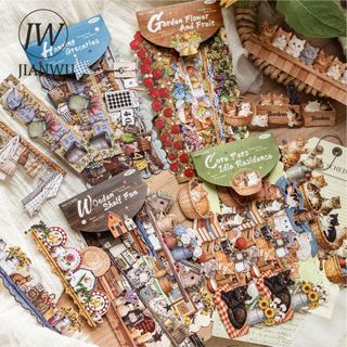 JIANWU Ấm Nhà Đảng Series Vintage Mèo Hoa Phong Cảnh Chất Liệu Cắt Dán Thêu Sò Miếng Dán Sáng Tạo DIY Tạp Chí Văn Phòng Phẩm