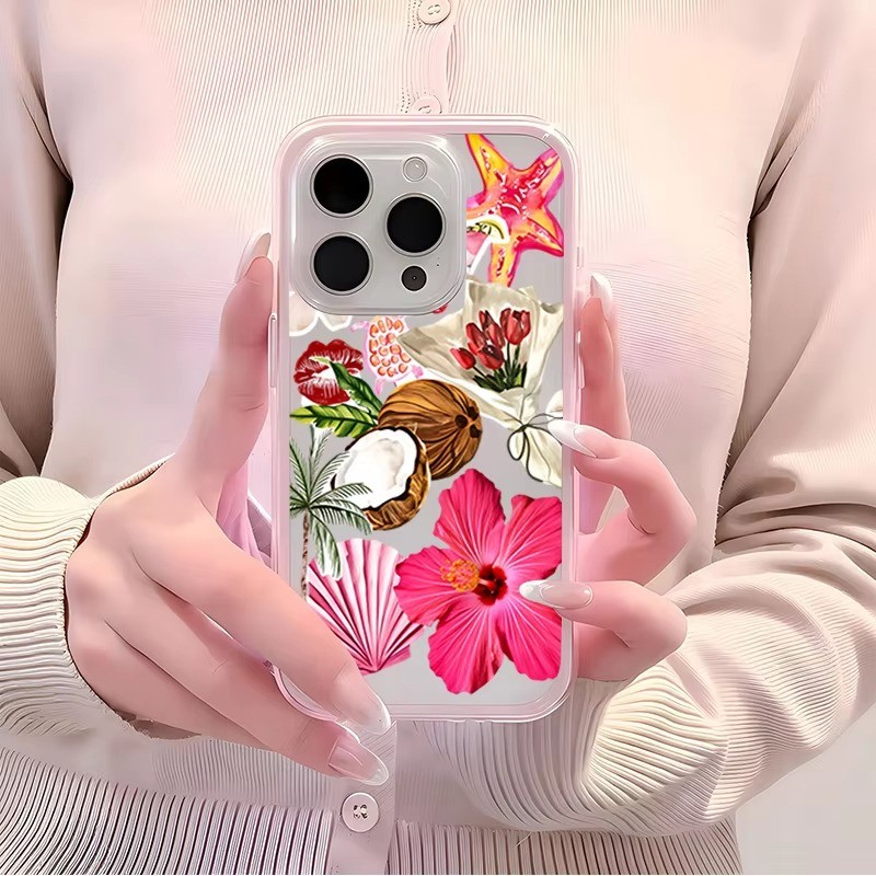 Hoa Nhiệt Đới Dừa Sao Biển TPU Màu Hồng Trong Suốt Ốp Lưng Điện Thoại iPhone 17 16 15 Pro Max 14 13 12 11 Pro 15 Plus Bìa Mềm