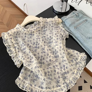 Kích Thước Lớn Có Thể Mặc Hoa Retro Màu Sắc Tương Phản Đơn Giản Hàng Ngày Phong Cách Pháp Nấm Cạnh Áo Sơ Mi Khâu Nhỏ Bay Tay In Hình Top Nữ Mùa Hè Mỏng Phong Cách Hơi Trong Suốt Độc Đáo Đẹp Áo Vest Nhỏ