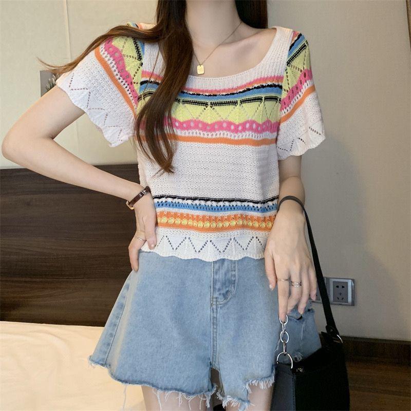 [Giảm giá 50%] Áo thun ngắn tay cổ tròn vuông phù hợp phong cách ngắn tay ngọt ngào dành cho nữ Mùa hè Phong cách mới thon gọn hơn trông mỏng dệt kim Sw