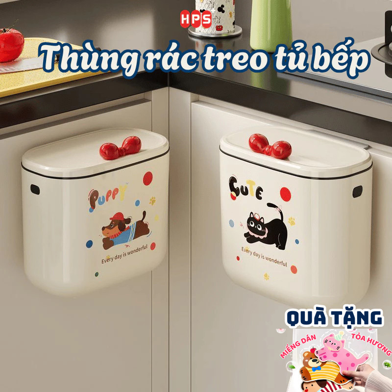 Thùng Rác Treo Tủ Bếp HomeMate 12L Nắp Lật Thông Minh, Thùng Rác Treo Tường Nhà Tắm Chấm Bi Dễ Thương
