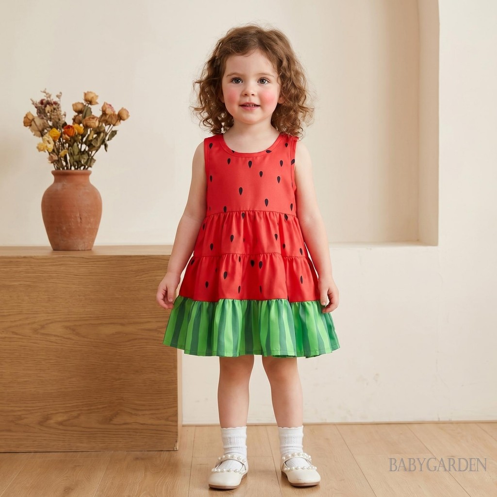 Váy không tay chữ A 6M-4Y cho bé gái Váy không tay cổ tròn xếp ly viền xếp ly Đầm bể dưa hấu