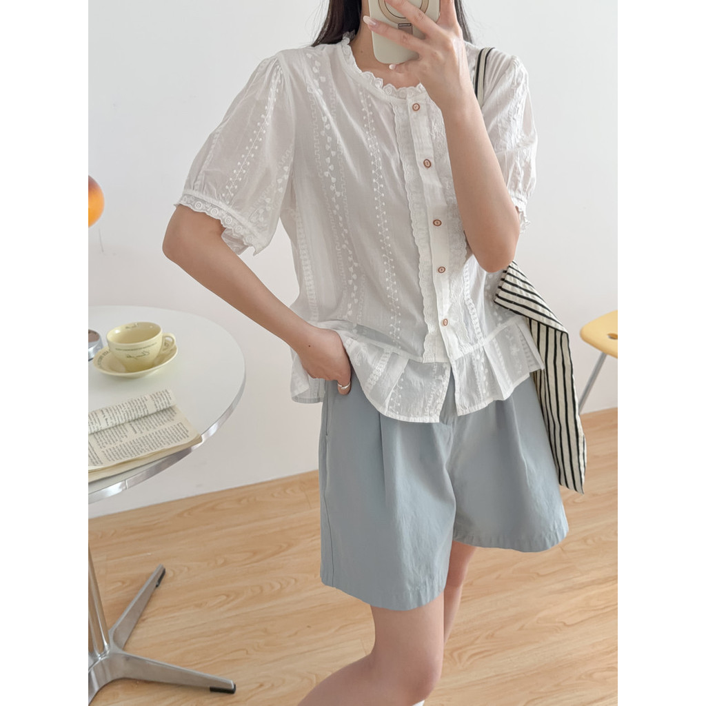 [Sẵn Sàng] Áo Sơ Mi Nữ 100% Sợi Cotton Cao Cấp 2026 Mùa Hè Mới Thêu Jacquard Màu Trơn Áo Sơ Mi Tay Ngắn Rời