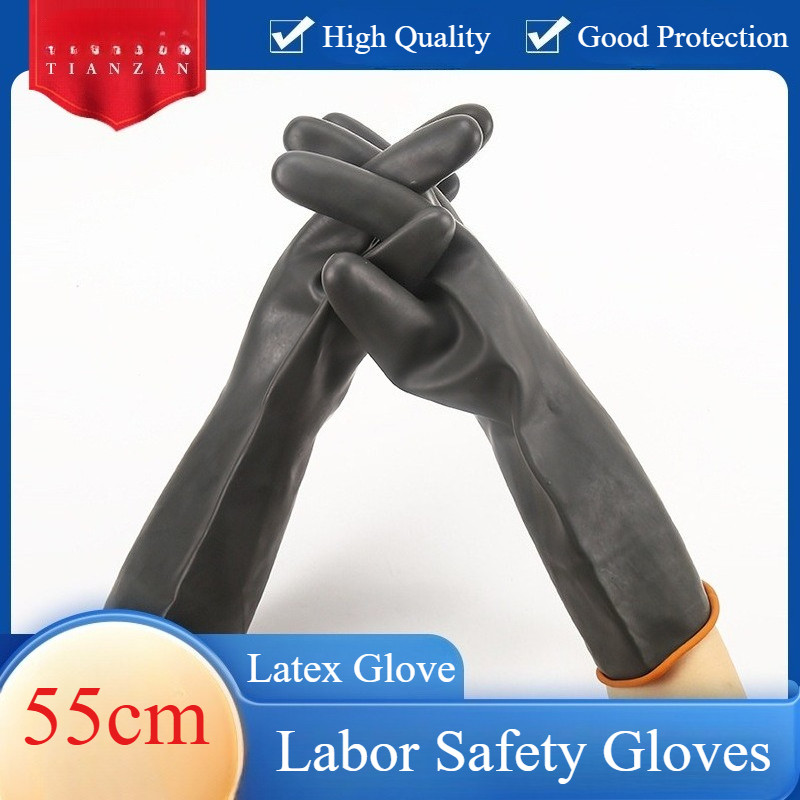Găng tay lao động cao su chống trượt 55CM Găng tay đen chống axit công nghiệp dày và kiềm Găng tay bảo vệ mở rộng