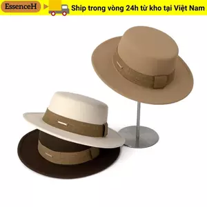 ESSENCEH Top Hat dành cho nữ, Mũ nỉ phẳng thanh lịch trang trọng, Có thể điều chỉnh Retro Vành rộng Mũ Fedoras Lễ hội đám cưới