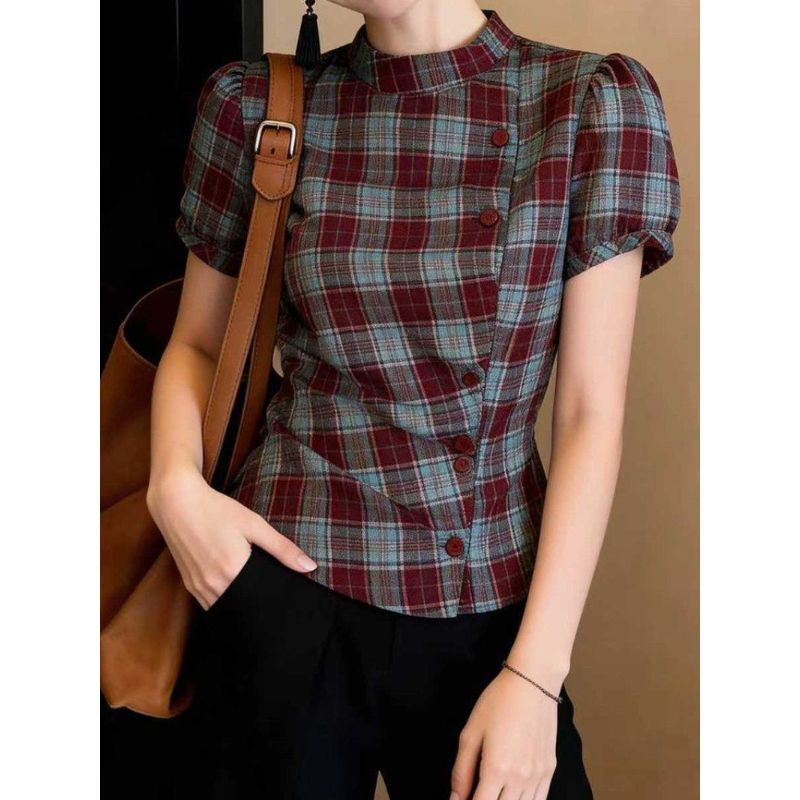 [Hàng mới về] Mùa hè Retro Hot Girl Kẻ Sọc Puff Áo thun ngắn tay dành cho nữ xếp li không đều dáng rộng hẹp thon gọn hơn