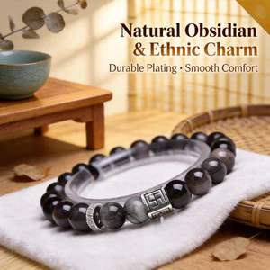 Vòng tay Obsidian Unisex - Đá mắt Hawk - Bùa hình chữ vạn bạc Tây Tạng - Hạt hình học - Thoải mái mịn màng - Mạ bền - Thiết kế dân tộc