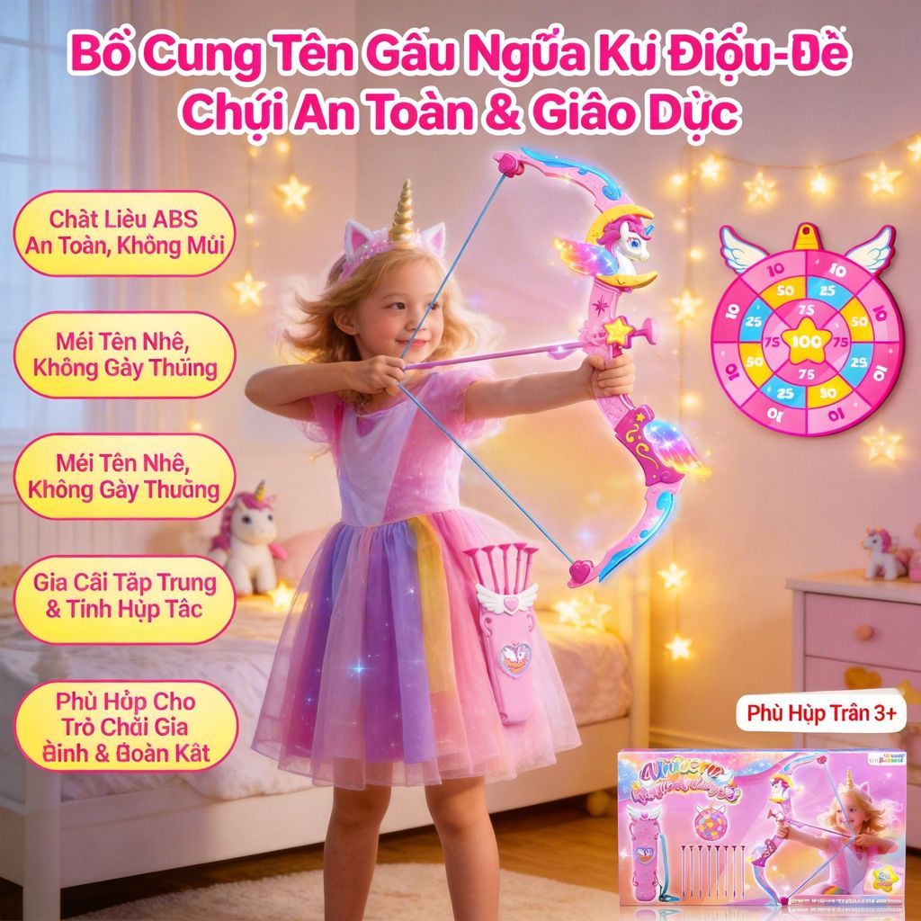 Đồ chơi cung tên bắn Phát Sáng kỳ lân, đồ chơi cho bé gái -1 bia hồng tâm  1 cung tên 8 mũi tên