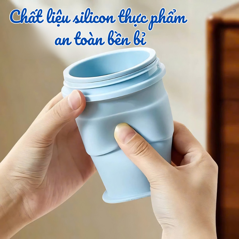 Cốc Gấp Gọn 2 Trong 1, Ly Silicon Gấp Gọn Kèm Ống Hút, Tích Hợp Làm Đá Viên, Nắp Kín Chống Đổ