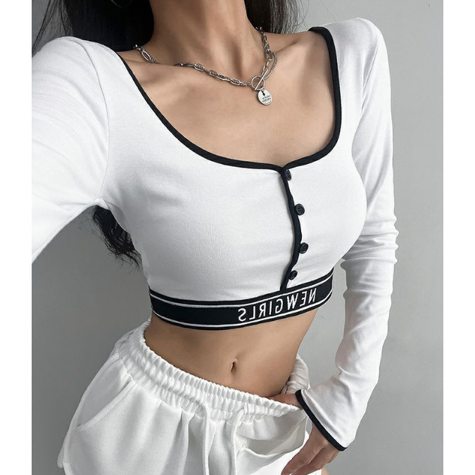 Milyfashion Tay Dài T Màu Khóa Siêu Ngắn Rốn Cao-