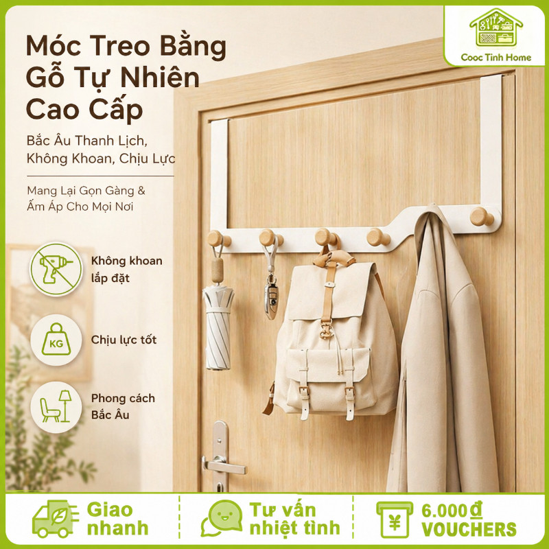 Móc Treo Bằng Gỗ Tự Nhiên Cao Cấp - Bắc Âu Thanh Lịch, Không Khoan, Chịu Lực, Mang Lại Gọn Gàng & Ấm Áp Cho Mọi Nơi