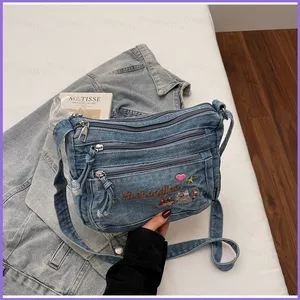 SQ11 Túi đeo chéo chữ thêu Hàn Quốc dành cho nữ Túi đeo vai nhẹ Denim lười biếng