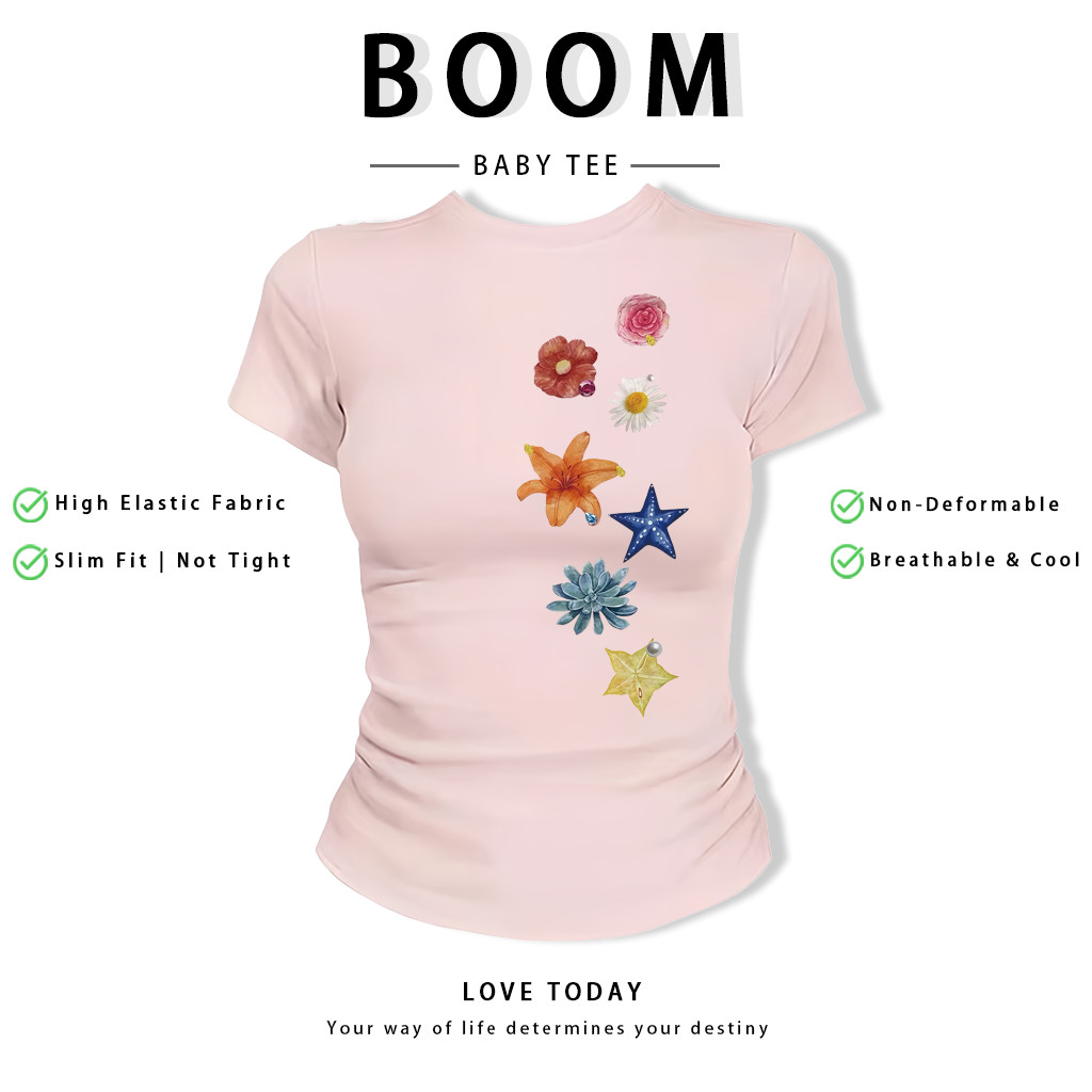 BOOM Áo Baby Tee Nữ Cotton Ôm Body-Áo Thun Ngắn Tay Y2K In Hình PhongCách Mùa Hè, Cổ Tròn Hàng Đầucách hàn quốc phongG36