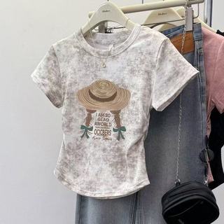 Nữ Vintage Rửa Màu Hồng Ruched Áo Thun Cổ Tròn Tay Ngắn Slim Fit Top